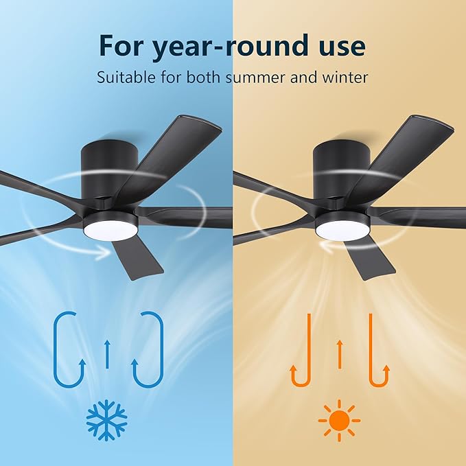 ELEHINSER 52 inch Low Profile Ceiling Fan with Light, 5 Solid Wood Blades, 6-Speeds, Quiet DC Motor, Timer, Flush Mount Modern Ceiling Fan with Remote for Living Room Bedroom, Black