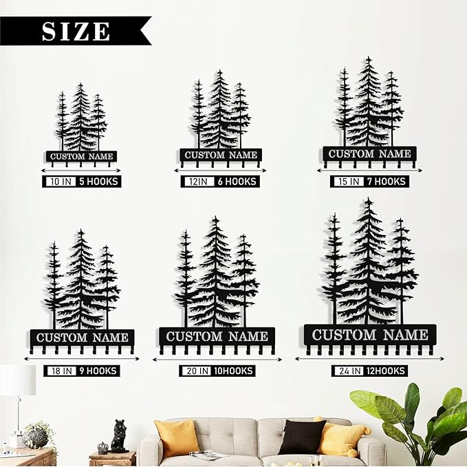 Personalized Key Holder Wall Mount, Custom Metal Pine Tree Keys Holder for Wall with Name, Wall Key Hanger Rack with Hooks for Entryway, Front Door, Living Room, Kitchen, Bathroom, Garden