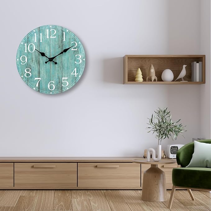 HYLANDA Wall Clock, 10 Inch Teal Silent Non-Ticking Kitchen Decor, Rustic Vintage Country Retro Decorative Clocks Battery Operated for Bathroom Bedroom Living Room Office(Aqua)