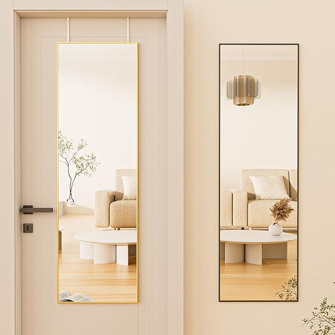 BEAUTYPEAK 14" x 48" Adjustable Height Over The Door Mirror, Rectangular Full Length Hanging Door Mirror with Shatterproof Tempered Glass Aluminum Alloy Frame for Dormitory, Gold