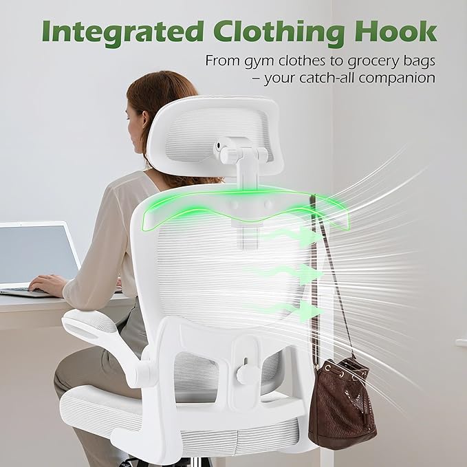 Office Chair Ergonomic Desk Chairs with Adjustable Lumbar Support& Headrest Hanger, High Back Breathable Mesh Chair with Wheels, Rolling Swivel Comfy Task Computer Chair for Home Work Gaming