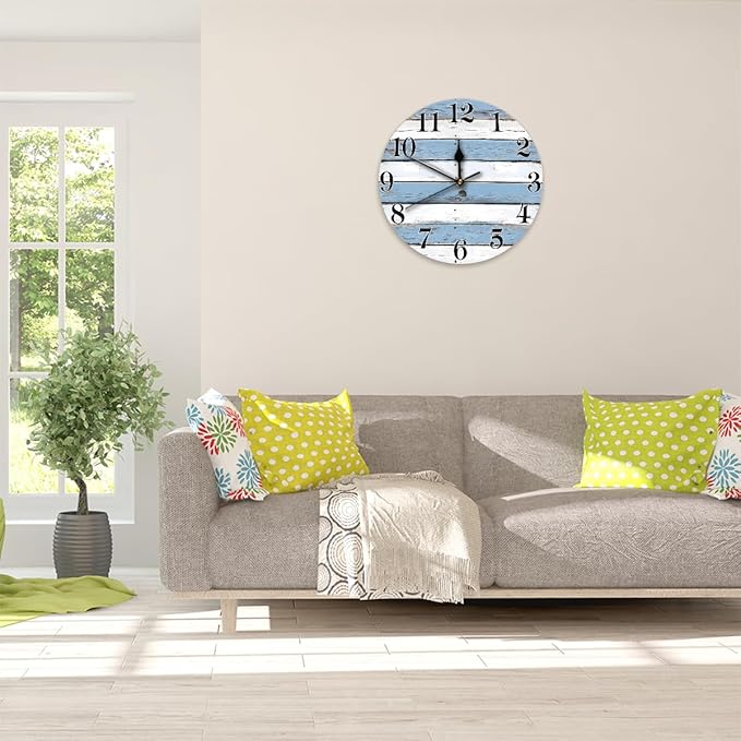 Coastal Country Wooden Wall Clock Battery Operated 10 in Round Wall Clocks Slilent Non Ticking Quartz Analog Clock for Bedroom Kids Living Room Classroom Decor