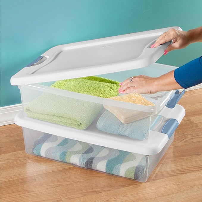 Sterilite 18-Pack Latching Box, Under Bed Storage Bins with Lids, Clear Plastic, 32 Quart - Heavy-Duty Organizing Containers for Closet, Bathroom, and Office