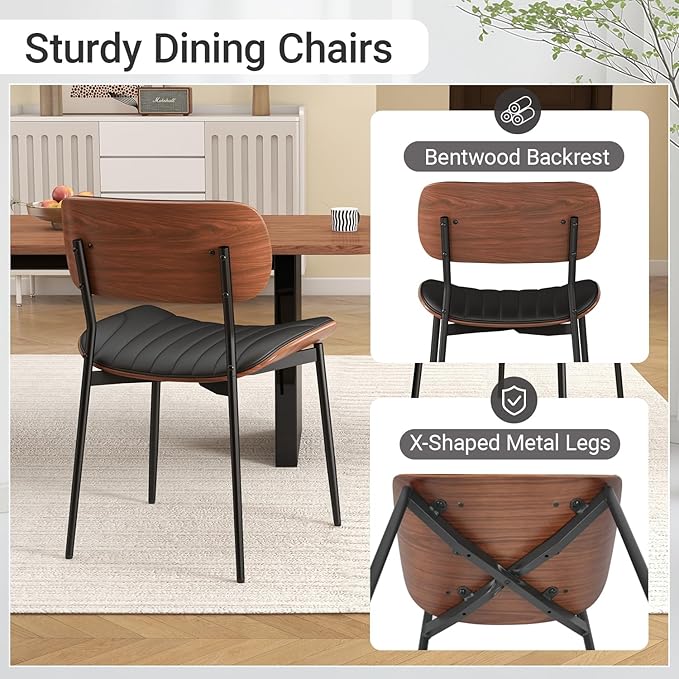Mid Century Modern Dining Chairs Set of 6,Upholstered Faux Leather Kitchen Chairs with Walnut Bentwood Back and Metal Legs for Kitchen Dining Room Living Room, Black