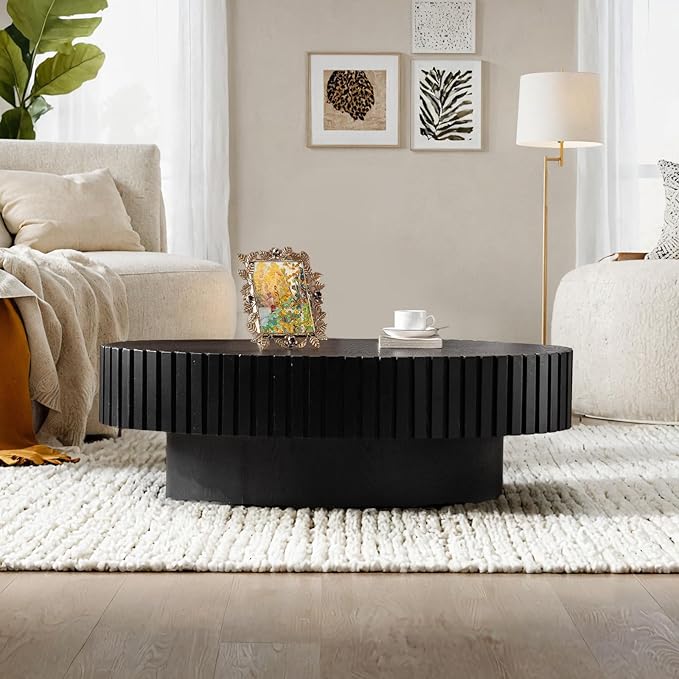 Fluted Coffee Table 43.3" Oval Wood Coffee Tables Modern Handcraft Drum Coffee Table with Solid Wood Relief Sturdy Pedestal Accent Table for Living Room Home Office,Black