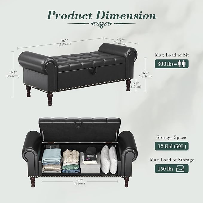 Apicizon 51” Bench with Storage, Queen Size Faux Leather End of Bed Bench with Tufted Button, Ottoman Bench with Rolled Arms & Vintage Rivets for Foot of Bed, Living Room, Entrance, Black