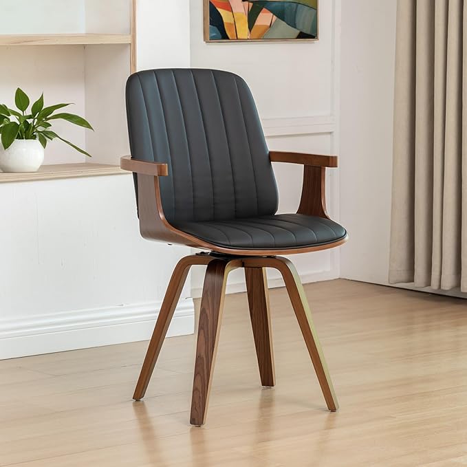 Set of 1 Swivel Dining Chairs, Kitchen Swivel Chairs with Walnut Craftsmanship, Upholstered Faux Leather, Wooden Arms and Legs, Walnut Dining Chairs for Kitchen/Living Room - Black