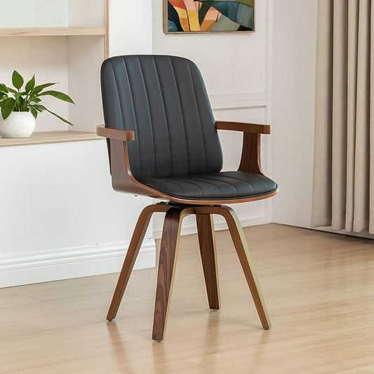 Set of 1 Swivel Dining Chairs, Kitchen Swivel Chairs with Walnut Craftsmanship, Upholstered Faux Leather, Wooden Arms and Legs, Walnut Dining Chairs for Kitchen/Living Room - Black