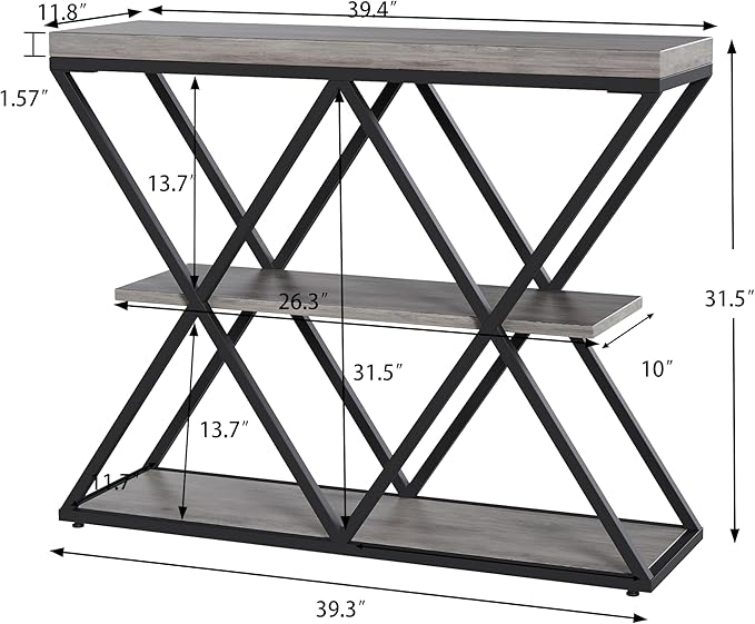 Garvee 3-Tier Entryway Table, Industrial Console Sofa Table with Storage, Accent Table with Open Shelves, X-Shaped Metal Frame, Foyer Table for Entryway, Hallway, Gray