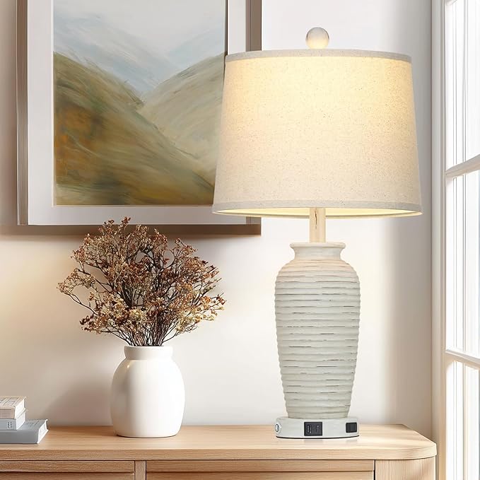 25" Retro White Farmhouse Jar Table Lamps for Living Room, 3 Way Touch Control Rustic Bedside Lamps with USB A+C Ports & AC Outlet, Pot Nightstand Lamps for Bedroom (LED Bulbs Included)