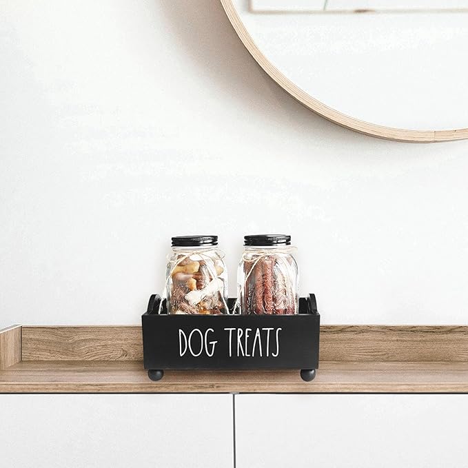 Dog Treat Container, Pet Treat Holder with Glass Jars, Farmhouse Dog Food Storage Organizer, Airtight Dog Treat Bin, Cat Dog Biscuit Dispenser, Pet Accessories (Black - 2 Glass Jars)