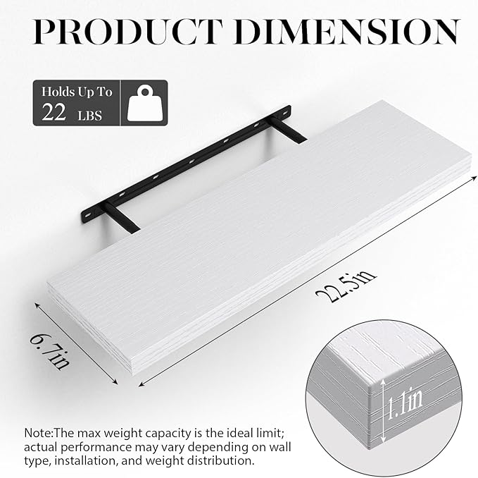 BAYKA Floating Shelves White, 22.5 inches Rustic Wood Wall Mounted Shelves for Bathroom, Bedroom, Living Room, Kitchen & Office, Hanging Display Shelf with 22 lbs Capacity