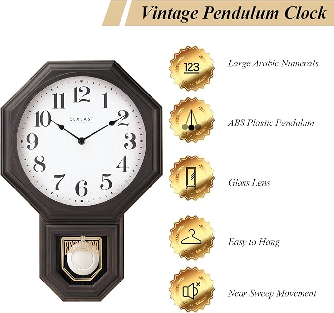 CLXEAST Pendulum Wall Clocks for Living Room Decor, Large Schoolhouse Regulator Clock with Pendulum,Oil Rubbed Bronze Black Plastic,House Warming Gifts New Home,12" W x 17" H