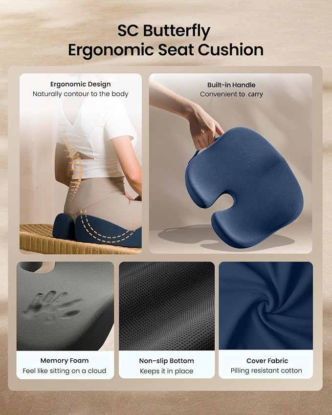 ProtoArc Seat Cushion, Office Chair Cushion for Sciatica, Coccyx Cushion, Ergonomic Memory Foam Seat Cushion for Car, Home, Pressure Relief Pad for Hip, Tailbone, All Day Comfort - Navy