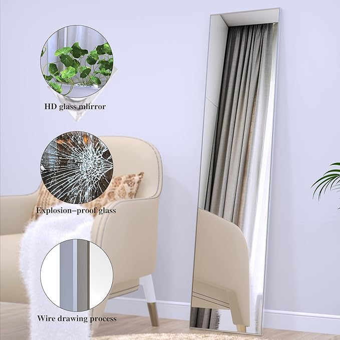 ANYHI Over The Door Mirror, 47"x12" Silver Full Length Mirror with 2 Hooks, Aluminum Brushed Frame, for Bedroom Bathroom