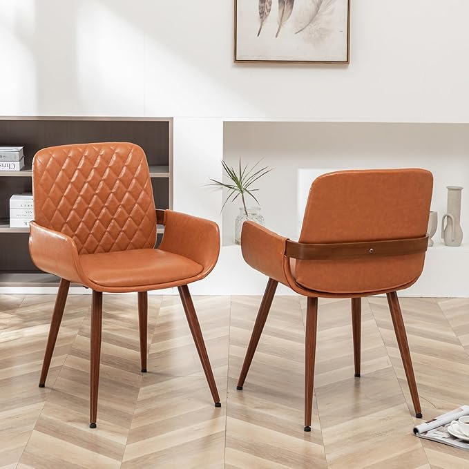 LUNLING Mid Century Modern Dining Room Chairs Set of 2 Accent Faux Leather Kitchen Chair Bentwood Frame with Armrest,Upholstered Seat,Metal Legs Chairs,Adjustable Foot for Kitchen Dining Desk(Orange)