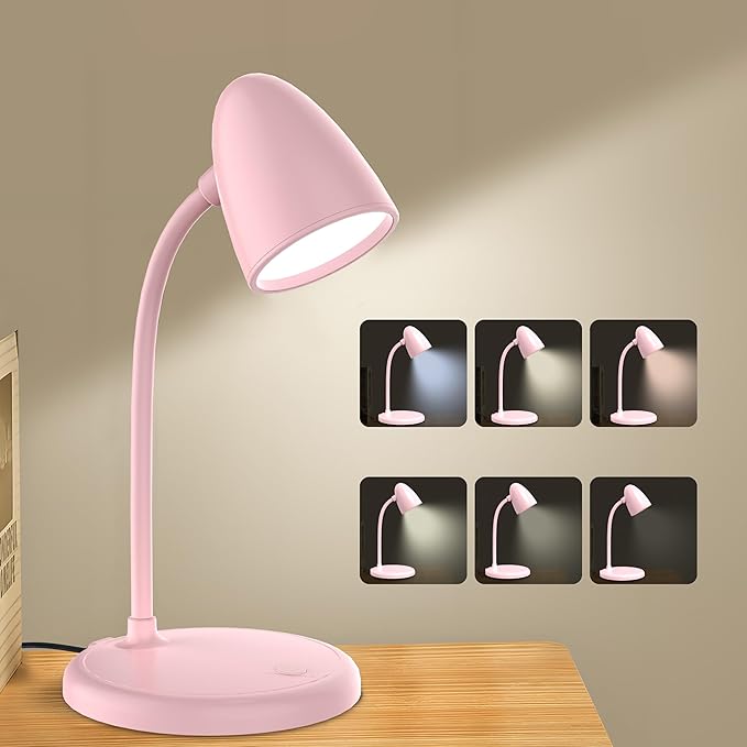 LED Desk Lamp for Home Office,3 Light Colors, Table Lamp,Dimmable Reading Light for Bedside Small Desk Lamp for College Dorm Room,Bedroom Desk Light Pink