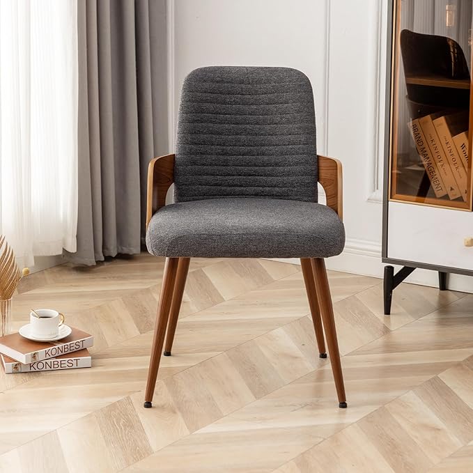 Dining Room Chairs Set of 2,Mid Century Modern Kitchen Chairs,Upholstered Accent Chairs,Metal Legs Wooden Desk Chairs,Armless and No Wheels for Kitchen Dining Living Room,Gray Fabric