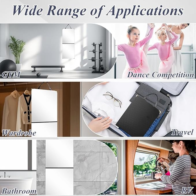 Foldable Portable Full Length Mirror, Hanging Folding Mirror with Handle, Frameless Shatterproof Hanging for Camping, Travel, Dance, RV, Home Fitness, Gift (Black, 33x13 Inch)