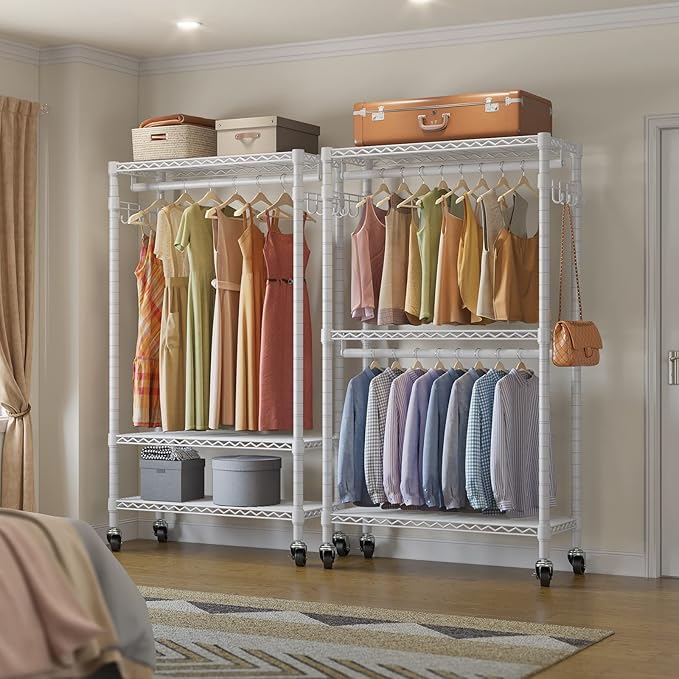 VIPEK R2 Medium Heavy Duty Clothes Rack Rolling Clothing Rack Adjustable Metal Wire Shelving Portable Closets with Double Hanging Rods, Side Hooks, Freestanding Closet Racks Wardrobe, White