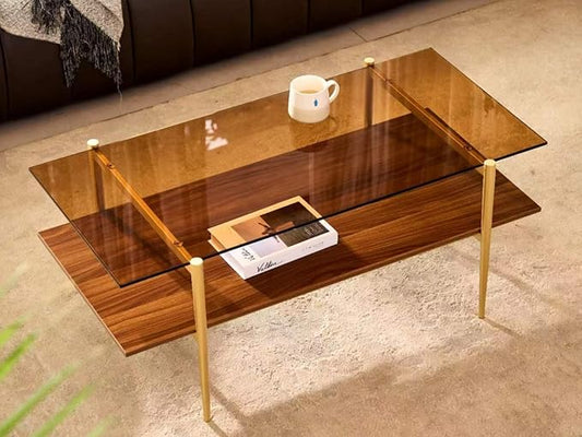 Shrine Rectangle Coffee Table, Mid-Century Modern Design, 2-Tier Structure, Amber Glass Top and Walnut MDF Shelf, 41" D x 21" W x 17" H, Sleek Conical Metal Legs with Gold Finish