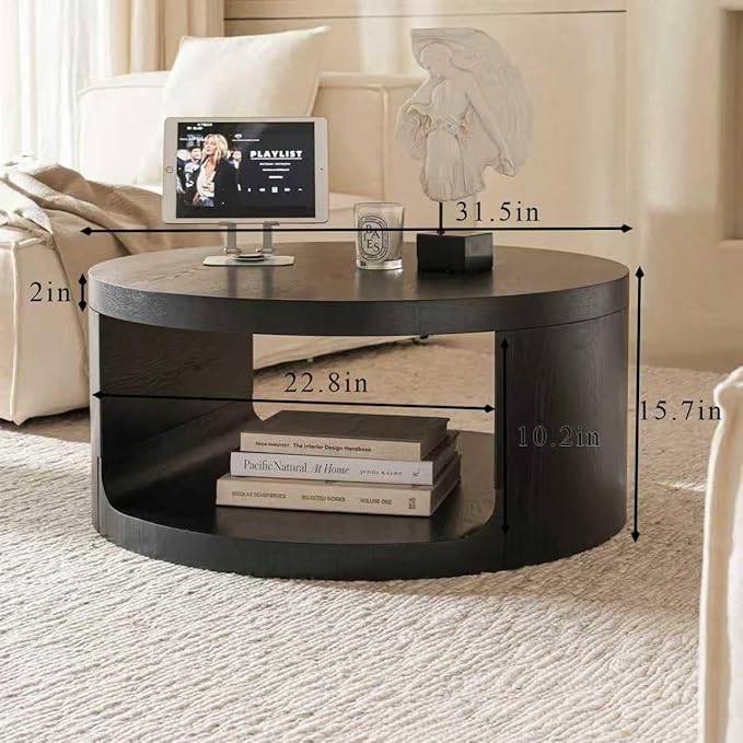 Round Coffee Table with Storage, 31.5" Modern Living Room Table, 2 Tier Circle Wood Center Tables for Apartment, Living Room, Open-Style Storage Black Coffee Tables, 31.5"*15.7"(Black)