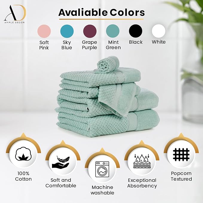 Ample Decor 100% Cotton Washcloths Set of 20 12 X 12 Inch - Highly Absorbent, Popcorn Textured - Mulaayam Collection - Mint Green 20Pcs