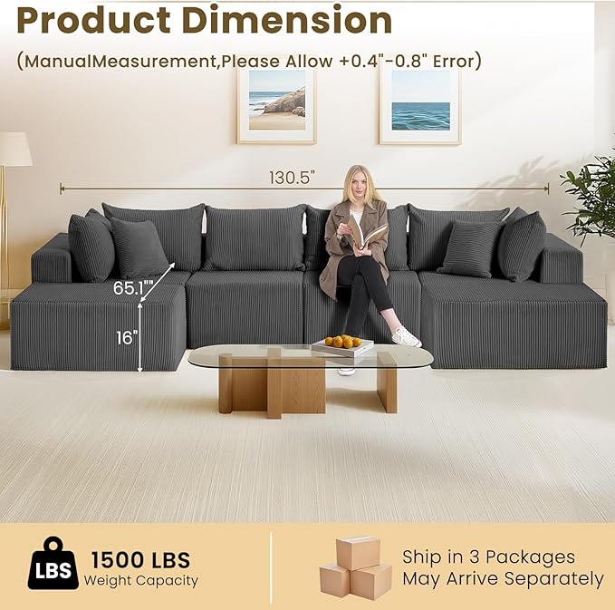 Oversize 131” Boneless Couch for Living Room, Comfort U Shaped Cloud Couch Sectional, Extra Deep Seats Corduroy Modular Sectional Sofa No Assembly,Grey