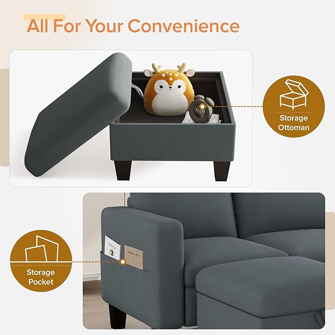 Sectional Sofa Couches for Living Room - 78''Convertible Modular Three-Seater L-Shaped Pet-Friendly Couch,Washable Sofa Cover-Bench Storage, Suitable for Small Living Room, Apartment,Office-Blue-Gray