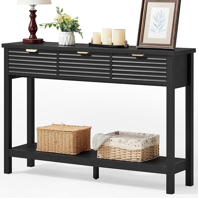 LEYAOYAO Fluted 47.2" Console Table with 3 Drawers, Modern Wood 2 Tier Entryway Table with Open Storage Shelf, Boho Sofa Entry Tables Behind Couch for Living Room, Hallway, Entrance Foyer, Black Oak