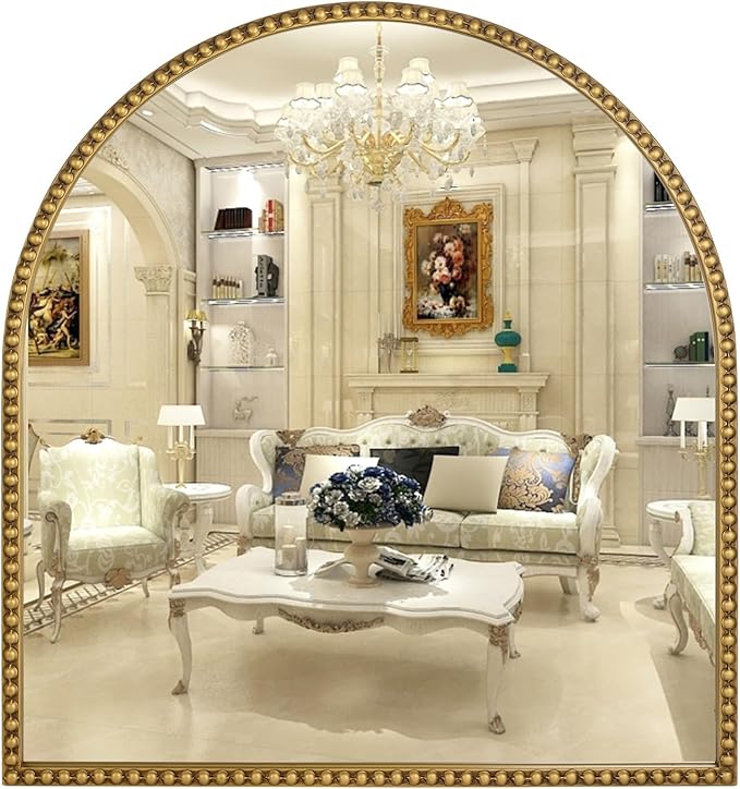 33x31 Inch Arched Bathroom Mirror, Antique Gold Wall Mirror Metal Beaded Frame, Vanity Mirror for Dresser Living Room Bedroom Mantel Entryway Hallways