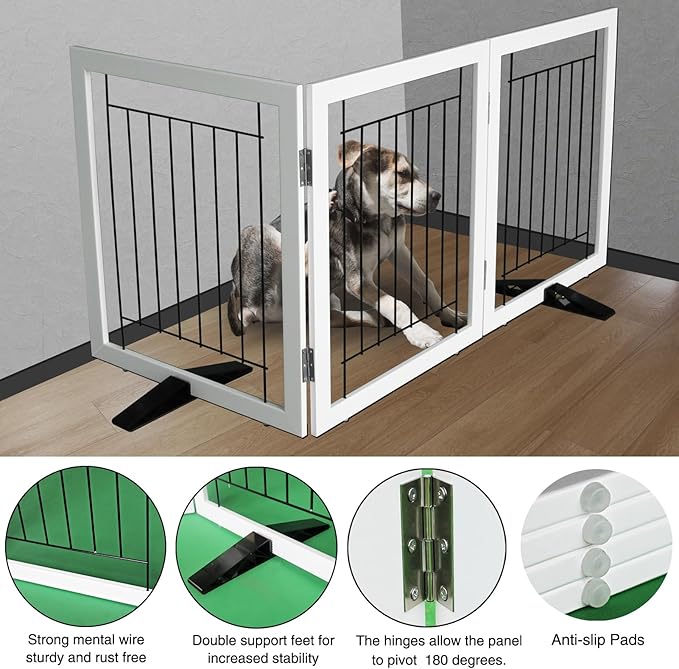 ZJSF Freestanding Dog Gate Indoor, Foldable Dog Fence for Doorways,Hallways or Stairs, Sturdy Wood Extra Wide Pet Gate with Support Feet,White,32 "Height-3 Panels