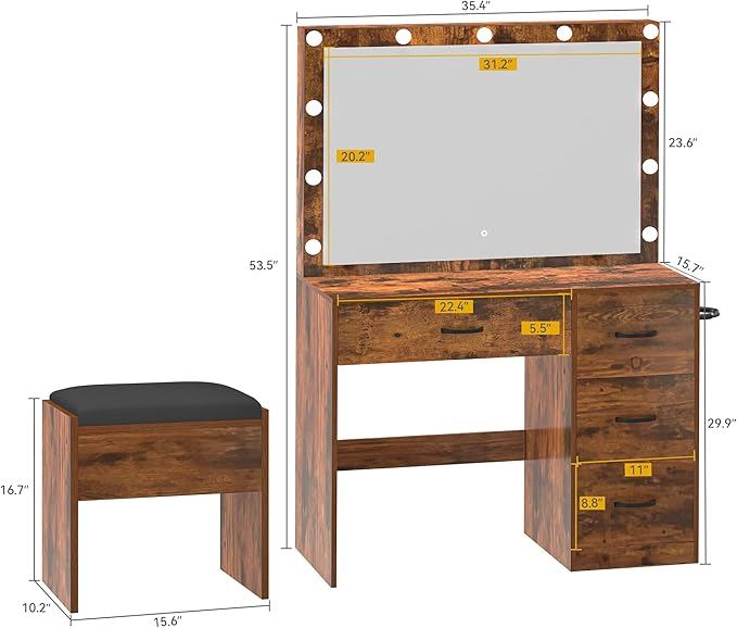 DWVO Vanity Desk with Stool, 4 Drawers, Lighted Makeup Desk with Large Mirror, 3 Color Modes, Outlets & USB Ports