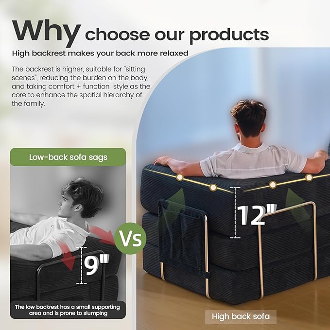 Folding Sofa Bed Convertable Corduroy Couch King Size Floor Sleeper 4-in-1 DIY Combination Modular Sofa Fold Out Futon Lounge Comfy Foldable Lazy cama for Living Room (Green, 70.86")