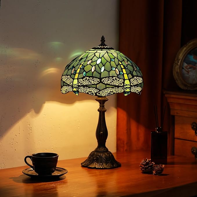 Tiffany Lamps Sea Blue Dragonfly Style Stained Glass Table Lamp Desk Bedside Reading Light 12X12X18.5 Inches with Bronze Resin Base Applicable to Bedroom Living Room Office