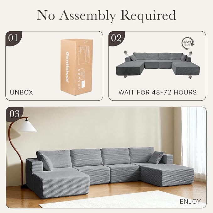 137” Modular Sectional Sofa Couch, 4-Seater U-Shape Sofa with Ottoman, Memory Foam Compressed Sofa, Free Combination Couch for Living Room,No Assembly Needed (Grey, 4 Seats+ 2 Ottoman)