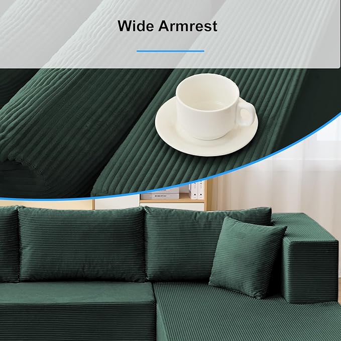 PUREMIND 106" Cloud Sectional Couch for Living Room, Corduroy L Shape Sofa with Deep Seat, Modern Green Couches Modular Boneless Foam Couch Corner Couches, No Assembly Required