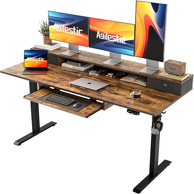 Agilestic Electric Standing Desk with 2 Drawers and Keyboard Tray, 63 x 24 Inches Ergonomic Adjustable Height Desk with Storage, Sit Stand up Computer Workstation, Rustic Brown