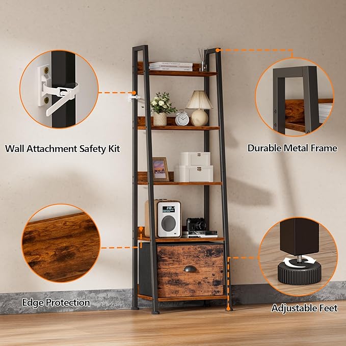 Furologee 5-Tier Ladder Shelf, Ladder Bookshelf with Removable Drawer, Rustic Bookcase Storage Rack Organizer, Wood Metal Freestanding Storage Shelf for Living Room, Home Office, Bedroom, Balcony