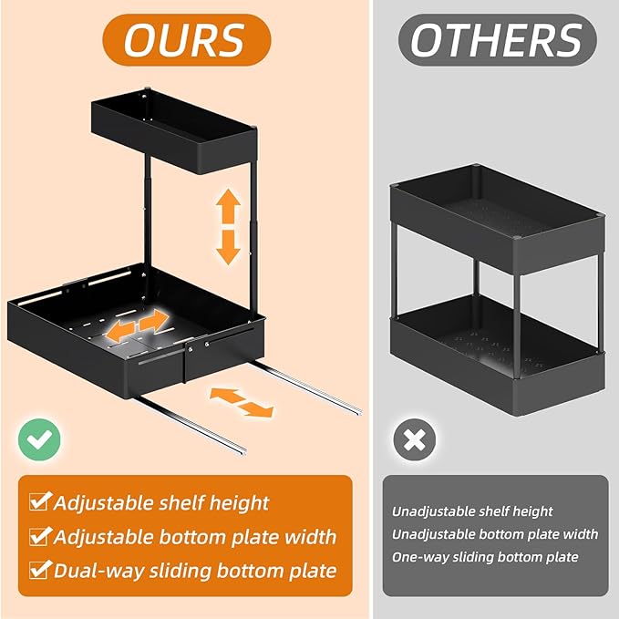 2Packs Under Sink Organizer with Adjustable Height and Width, Under Cabinet Organizer to Tidy, Sturdy Metal Design for Kitchen and Bathroom