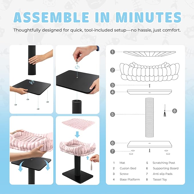 Modern Scratching Post for Indoor Cats - 15” High Cat Scratching Post with Bed Breeds - 15.7” x 11.6” Removable & Washable Cushion (Black Post with Pink Bed)