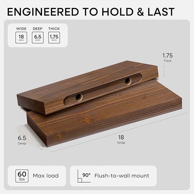 Homeforia Classic Walnut 18 inch Floating Shelf, High End Solid Real Wood Small 18inch Floating Shelves for Wall Mounted, 18in Floating Shelves, Heavy Duty Bracket, 18 X 6.5 X 1.75 inches, Set of 4