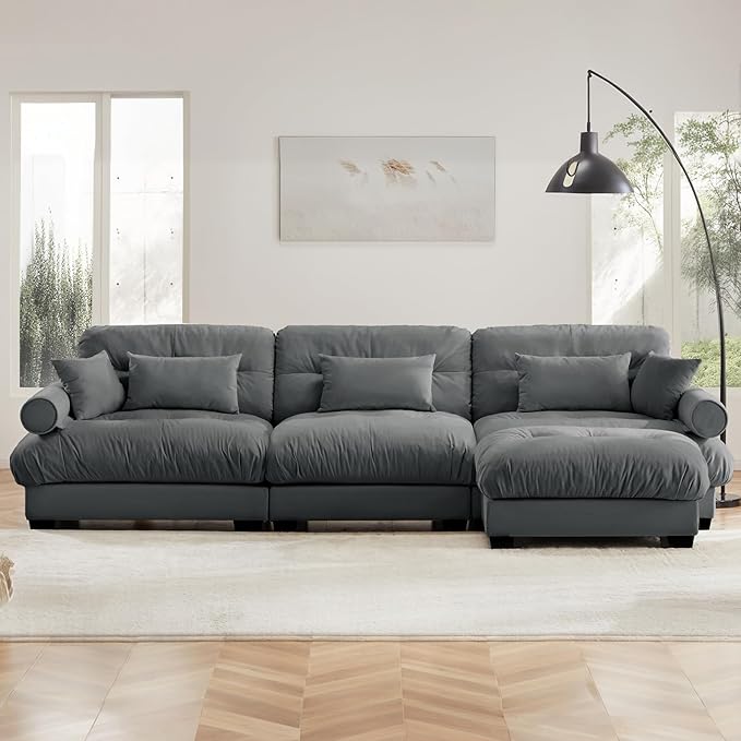130" Grey Modular Sectional Sofa, 3 Seater Large Sectional Couches for Living Room, Velvet Fabric Oversized Fluffy Cloud Couch with Ottoman, Deep Seat Home Sofas Set, Sofá Moderno, L Shaped