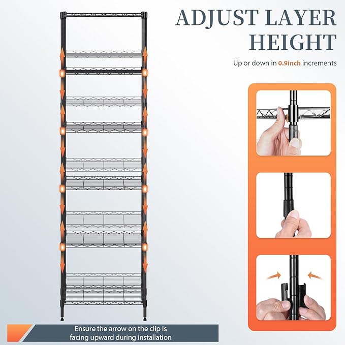 BestOffice 6-Shelf Storage Shelves, Adjustable Shelving Unit Wire Shelving Metal Shelves,11.8" D x 16.7" W x 63.6" H,Black