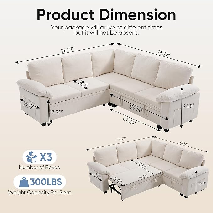 76.8" Modular Sectional Sleeper Sofa with Pull Out Bed,U Shaped 5 Seat Sectional Sofa with Storage,Modular Couch for Living Room,Deep Seat Couch with Removable Sofa Cover,Beige