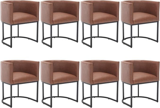 Faux Leather Dining Chairs Set of 8 Modern Barrel Arm Chairs with Black Metal Frame, Upholstered Kitchen Chairs 18.5" Wide Accent Chairs for Living Room Dining Room Restaurant, Brown