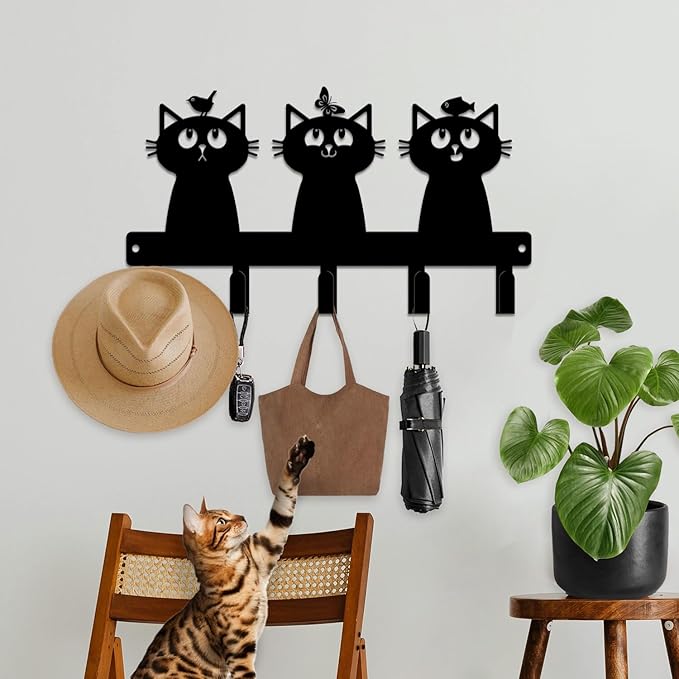 magilab Cat-Themed 10-Inch Iron Key Hooks with 5 Hooks, Black Wall Organizer - Cute Cat Design for Home Decor, No Drill & Screw-in Options (Style K)
