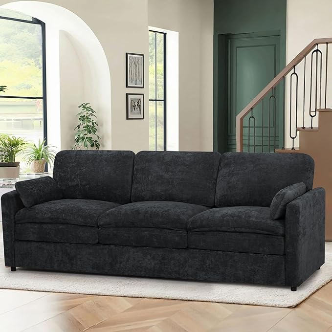 89” Chenille Sofa w/Arm Pillows, Upholstered 3-Seater Sofa w/Comfortable Back Cushions, Modern 3 Seats Couch w/High-Density Foam for Living Room, Apartment, Office, Black