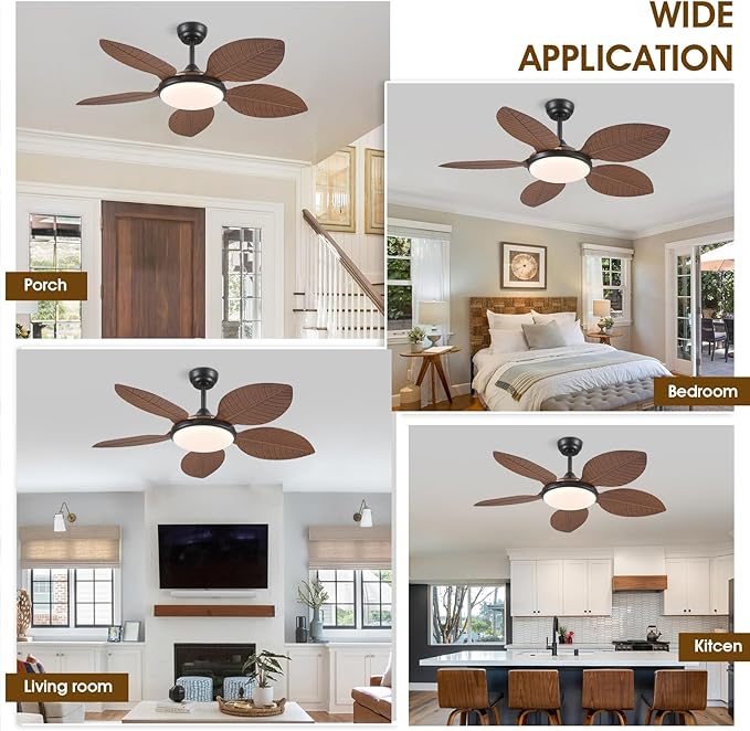 Ceiling Fans with Lights and Remote/APP Control, 48 Inch Tropical Ceiling Fan for Bedroom Living Room, Outdoor Palm Leaf Ceiling Fan for Patios Porch, Dimmable, 6 Speeds, Reversible, Brown