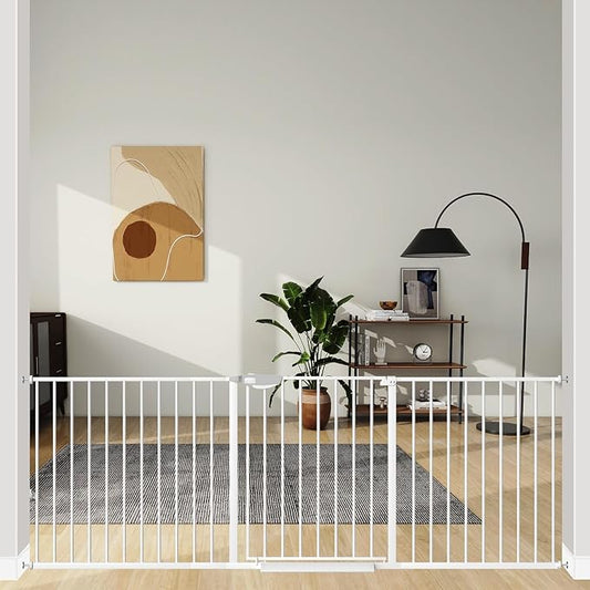 ALLAIBB Triple Lock Extra Wide Baby Gate Pressure Mounted Walk Through Safe Auto Close White Metal Dog Pet Puppy Cat for Stairs,Doorways,Kitchen 77.17-84.65"